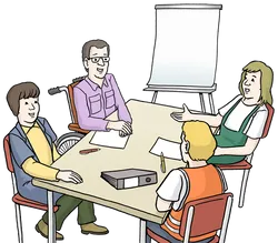 Menschen sitzen um einen Tisch und haben eine Besprechung